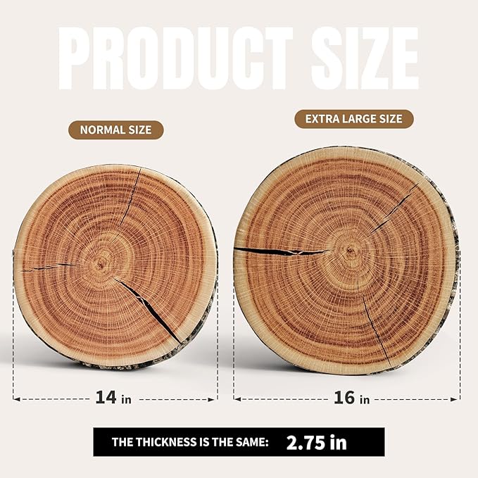 HYSEAS Outdoor Waterproof Throw Pillow, 3D Digital Print Comfortable Kids Funny Cute Wood Log Pillow Circle Seating Floor Cushion for Home, Couch, Sofa, Bedroom, Living Room, Stump, 16 x 2.75 Inch