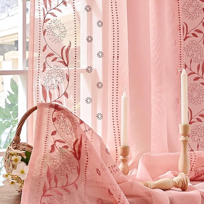 jinchan Winslow Sheer Curtains 96 Inch for Bedroom Living Room Embroidered Bordered Floral Nursery Curtains for Girls Room Light Filtering, 2 Panels, 50W x 96L