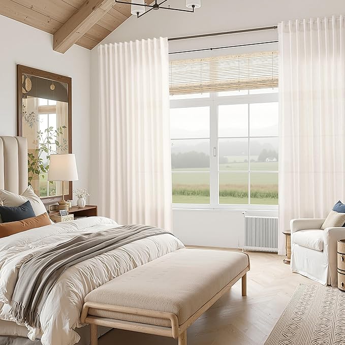 Nanspring Ivory White Linen Curtains 63 Inches Long for Living Room Back Tab Pocket Natural Light Filtering Privacy Translucent Ivory White Cotton Texture 52X63, 2 Panels