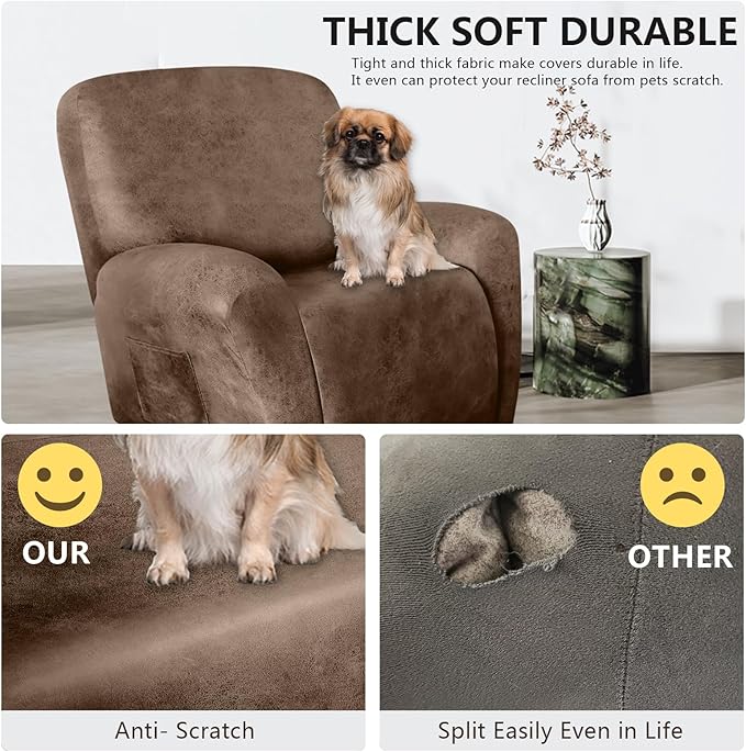 ANARACHON Leather Like Recliner Chair Covers Stay in Place, 4 Pieces Recliner Cover for Recliner Chair, Leather Cover for Recliner slipcovers Washable for Pets (Light Brown)