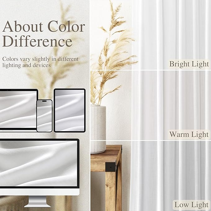 Nanspring White Linen Semi Sheer Cafe Curtains 36 Inch Length 2 Panel Set Back Tab Pocket Design for Small Bathroom Kitchen Windows Modern Farmhouse Coastal Decor 40x36