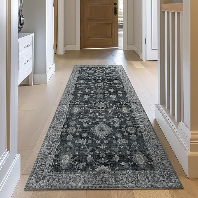 GENIMO Runner Rug for Hallways Machine Washable, 2x6 Non Slip Boho Vintage Lightweight Washable Runners, Thin Floor Rugs for Entryway Hallway Bathroom Laundry Room Corridor, Charcoal