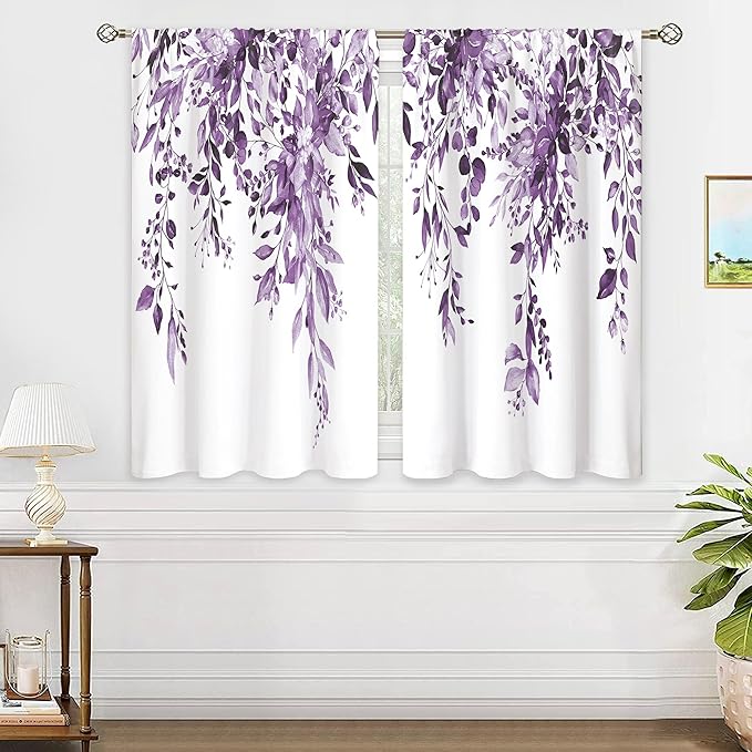 Eucalyptus Botanical Leaves Purple Floral Kitchen Window Curtains Over Sink Farmhouse Flower Leaf Small Window Treatment Cafe Short Curtains for Bathroom Treatment Tier Drapes 26x24 inch
