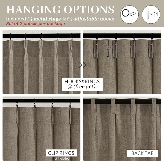 Extra Long Dark Flax Semi Sheer 60 Inch Wide Curtains 108 Inches for Bedroom, Memory Trained Pinch Pleated Natural Linen Neutral Curtain Light Filtering Brown Windows Drapes 2 Panels Set 9FT Length