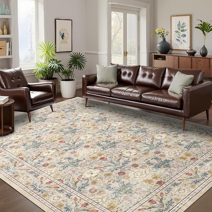 GarveeHome Large Area Rugs 9x12 for Living Room, Beige Floral Washable Rug Soft Non Slip Floor Mat Carpet Indoor Thin Accent Rug for Bedroom Dining Room Playroom Nursery Home Decor