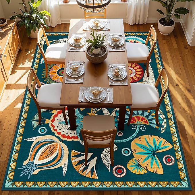 Joydeco Egypt Floral Boho 6x9 Rug for Living Room, Dark Green Washable Bedroom Dining Room Rugs for Under Table, Non Slip Vintage Indoor Throw Carpet for Playroom Nursery Dorm Classroom, Dark Green