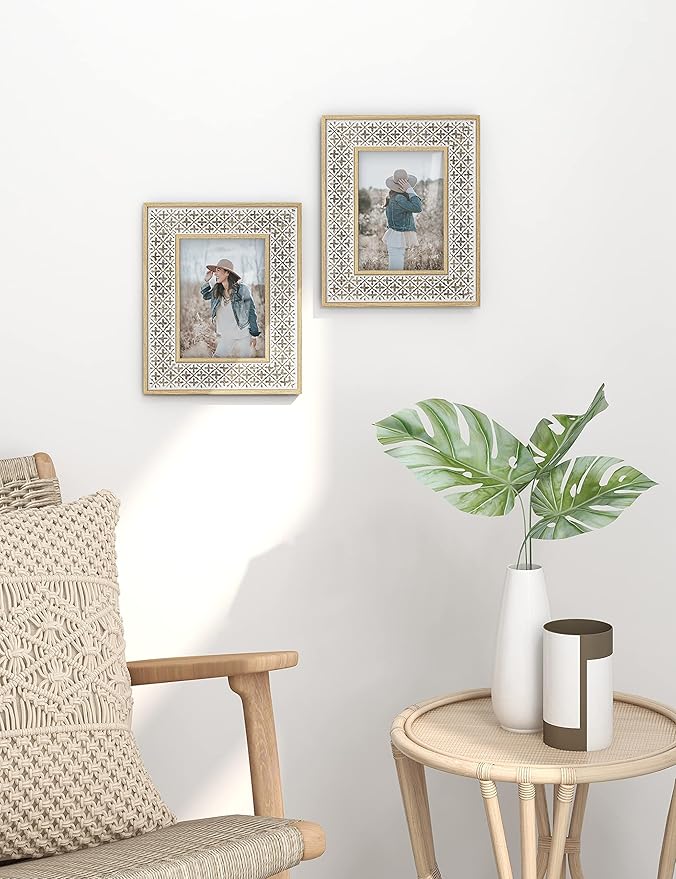 Afuly 5x7 Picture Frames Distressed Moroccan Relief Boho Photo Frame Shabby Chic 3D Cross Pattern Frame for Wall Tabletop, Wedding Birthday Gifts for Mom Grandma, Set of 2