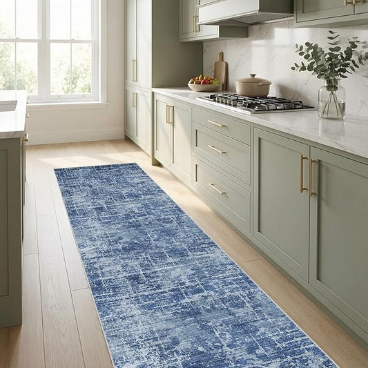 2x8 Washable Kitchen Runner Rug - Modern Abstract Neutral Carpet with Non-Slip Backing Low-Pile Stain-Resistant Thin Runners for Hallway Bathroom Bedroom Entryway (2x8, Blue)