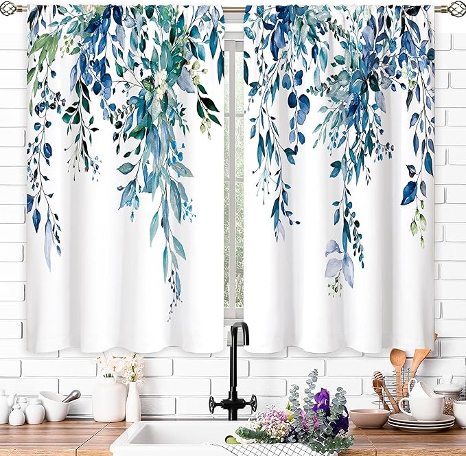 Teal Eucalyptus Botanical Leaves Floral Small Kitchen Curtains Blue Flower Window Treatment Wildflower Plant Cafe Short Window Curtains for Bathroom Room Tier Treatment Drapes 26x36 inch