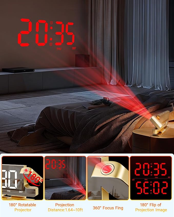 Projection Alarm Clock for Bedroom Ceiling, Gold Digital Clock Room Decor - Image 3