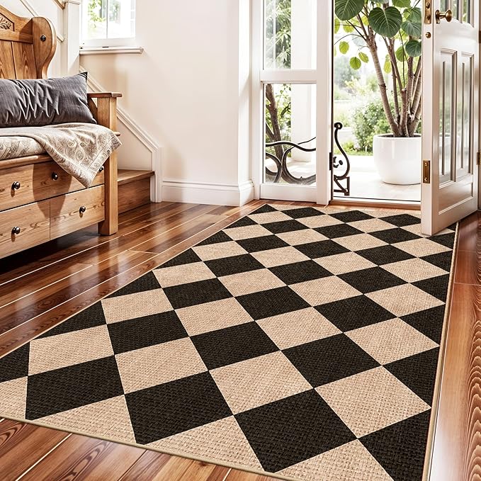 Checkered 3x5 No Shed Jute Rug: Machine Washable Non Slip Rugs Entryway Front Porch Kitchen - Door Mat Area Rug Farmhouse Neutral Non Shedding - Carpet for Bedroom Living Room (Black/Brown,3x5)