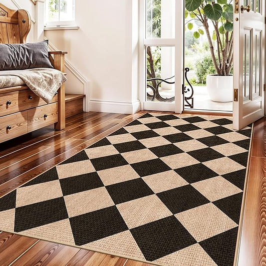 Checkered 3x5 No Shed Jute Rug: Machine Washable Non Slip Rugs Entryway Front Porch Kitchen - Door Mat Area Rug Farmhouse Neutral Non Shedding - Carpet for Bedroom Living Room (Black/Brown,3x5)