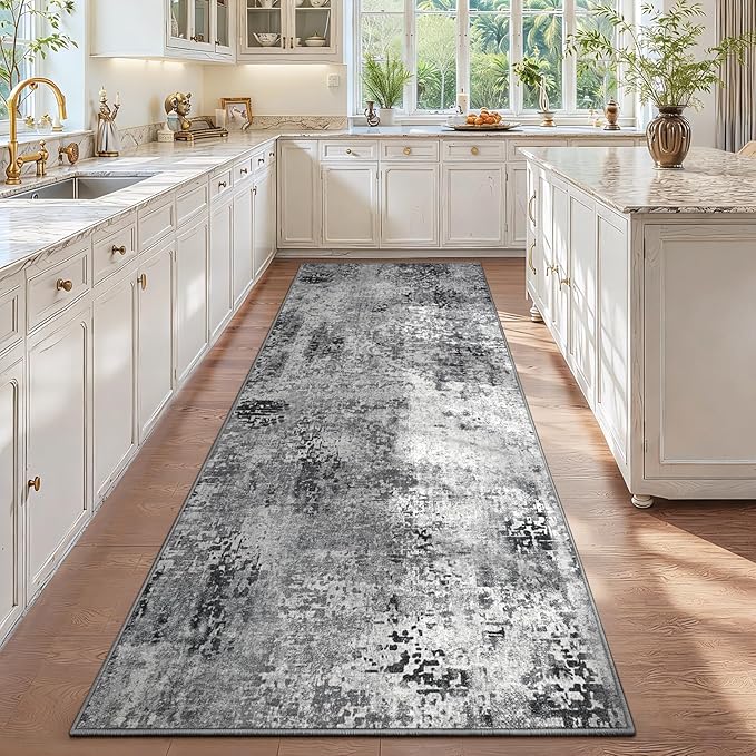 3x10 Grey Rug Runners for Hallways Kitchen Runner Rug Non Slip Washable Black Long Runner Rugs with Rubber Backing Soft Abstract Carpet Runner for Bedroom, Kitchen, Bathroom, Entryway