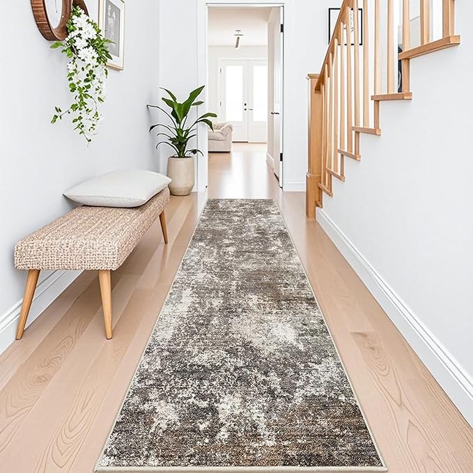 2x12 ft Washable Hallway Runner Rug – Non-Slip Stain-Resistant Low-Pile Long Carpet Runner for Kitchen Entryway Living Room Bedroom Bathroom, Modern Abstract Neutral (Brown Beige,2x12)