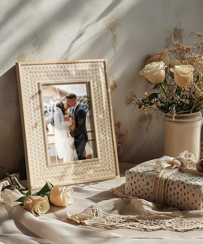 Afuly 5x7 Picture Frame Natural Boho Picture Frames Beige Chic Bohemian Photo Frame Desk Picture Frames for Wall Hangings Home Decor, Wedding Gifts for Couple Grandma Mom Women