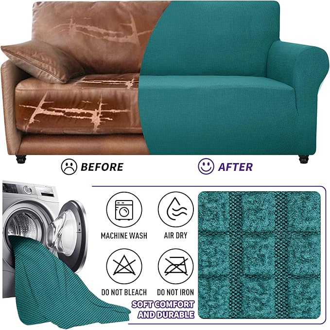 ZNSAYOTX Super Stretch Couch Cover Love Seat Sofa Covers for Living Room Dogs Pet Friendly Furniture Protector Spandex Loveseat Slipcovers with Anti Slip Foam Sticks (Peacock Teal, Loveseat)