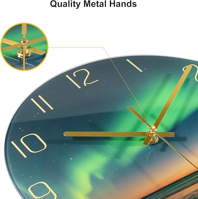 VIKMARI 8 Inch Modern Wall Clock, Aesthetic Black and Gold Decor Accessories, Unusual Silent Non Ticking Aurora Clocks for Living Room/Kitchen/Bedroom/Bathroom/Office (Glass)