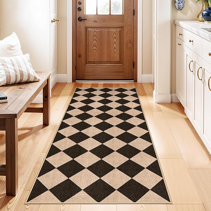 Easy Jute 2x5 Runner Rug: Non Slip Checkered Low Pile Indoor Doormat - Machine Washable Entryway Kitchen Bathroom - Carpet for Dorms Small Spaces Ideal for Young Families First Home (Black/Brown,2x5)