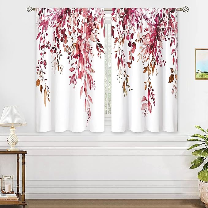 Burgundy Eucalyptus Small Kitchen Curtains Watercolor Red Leaves Window Treatment Flower Floral Plant Botanical Cafe Short Curtains for Bathroom Dining Fall Tier Treatment Drapes 26x24 inch