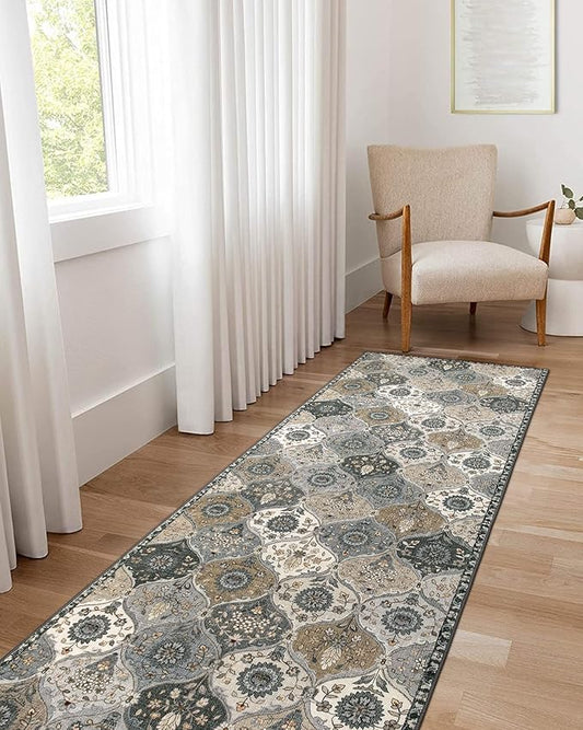 Lahome Moroccan Trellis Washable Runner Rug, 2x6 Runners for Hallways 6 Feet Non Slip Vintage Laundry Room Rug Vintage Ultra-Thin Long Carpet for Kitchen Bedroom Elise, Grey