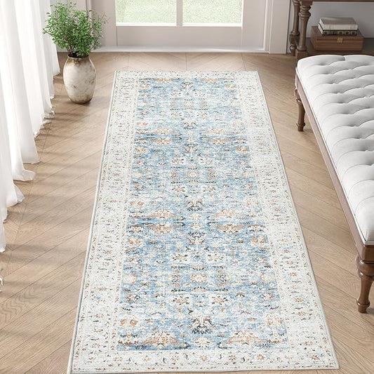jinchan Runner Rug 2x5 - Hallway Rug Kitchen Washable Runner Vintage Floral Boho Lightweight Thin Non-Slip Retro Distressed Carpet for Entryway Bathroom Bedroom Laundry Room Light Blue