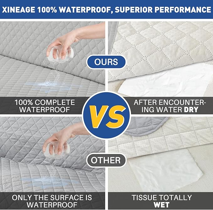 XINEAGE Oversized Sofa Cover Waterproof Couch Covers for 3 Cushion Couch, Soft Washable Slipcover with Pockets & Non-Slip Elastic Straps, Thick Furniture Protector (XL-Sofa, Light Grey)