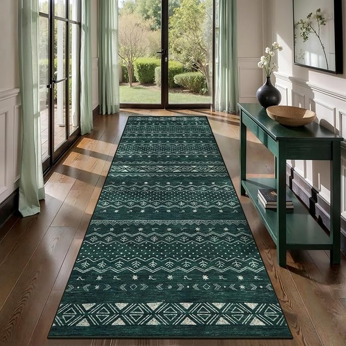 SERISSA Hallway Runner Rug, 2'6"x8' Washable Non-Slip Dark Green Boho Rug, Soft Low-Pile Geometric Indoor Long Carpet for Kitchen Laundry Room Bathroom Bedroom Entryway