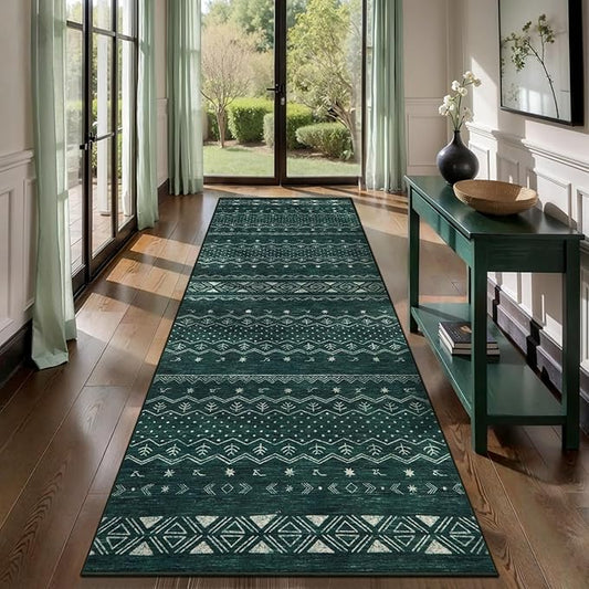SERISSA Hallway Runner Rug, 2'6"x8' Washable Non-Slip Dark Green Boho Rug, Soft Low-Pile Geometric Indoor Long Carpet for Kitchen Laundry Room Bathroom Bedroom Entryway