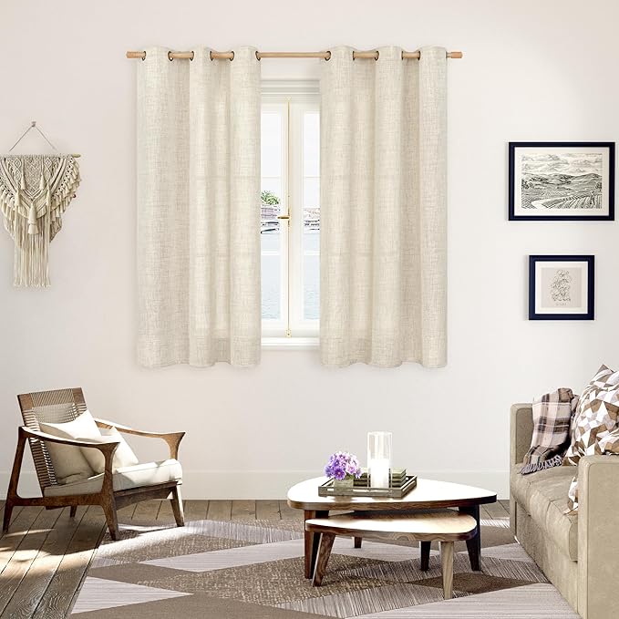 YoungsTex 48 Inches Long Linen Curtains for Short Window, Boho Textured Drapes Light Filtering with Bronze Grommet Privacy for Bedroom Living Room Windows, 42 x 48 Inch, 2 Panels