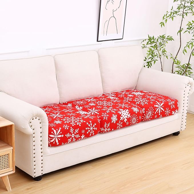 hyha Printed Couch Cushion Covers, Floral Sofa Covers Washable for 3 Cushion Couch, Stretch Pattern Outdoor Cushion Covers for Patio Furniture with Elastic Bottom(3 Packs, Christmas Snowflakes)