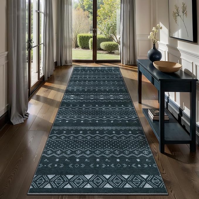 SERISSA Hallway Runner Rug, 2'6"x8' Washable Non-Slip Grey Boho Rug, Soft Low-Pile Geometric Indoor Long Carpet for Kitchen Laundry Room Bathroom