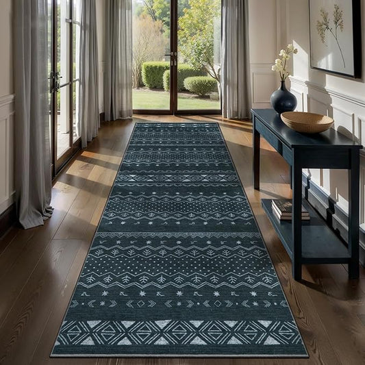 SERISSA Hallway Runner Rug, 2'6"x8' Washable Non-Slip Grey Boho Rug, Soft Low-Pile Geometric Indoor Long Carpet for Kitchen Laundry Room Bathroom