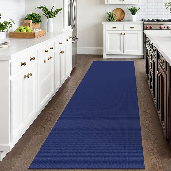 IOHOUZE Washable Runner Rug 3x10 Non Slip Rubber Backed Long Hallway Runner Entryway Runner Indoor, Kitchen Rugs Woven Cotton Floor Carpet for Hall Entrance, Royal Blue/Navy