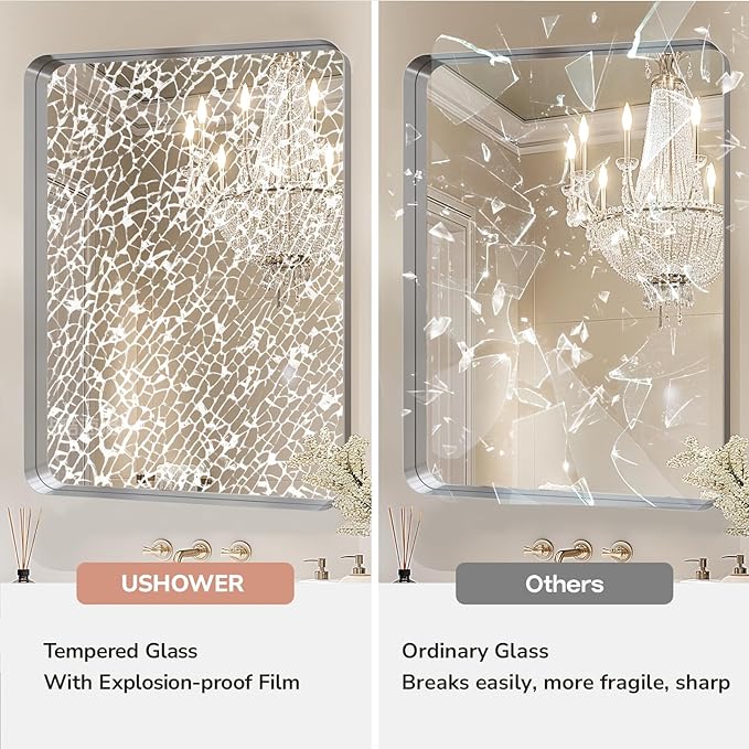 USHOWER Brushed Nickel Bathroom Mirror 30"x40", Silver Rectangle Mirror for Over Sink, Rounded Corner, Aluminum Frame, Anti-Rust, Tempered Glass, Horizontal or Vertical Mounted