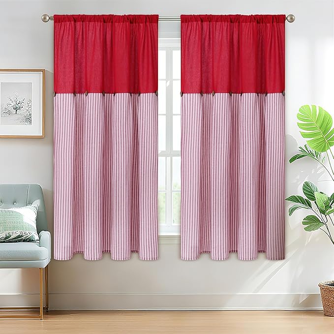 ASPMIZ Farmhouse Living Room Curtains Boho, Country Linen Curtains with Rustic Buttons, Rod Pocket & Back Tab Red Striped Curtain for Bedroom Window Curtain Home Decor, 52 x 63 Inch, 2 Panels