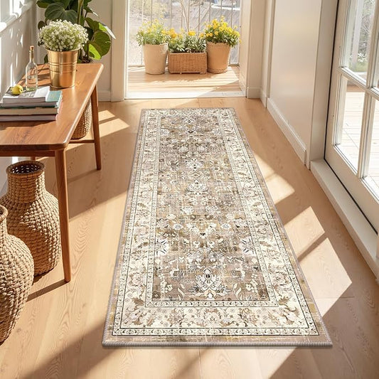 LOKHOM Washable Runner Rug, 2x5 Non-Slip Vintage Hallway Runner Rug with Rubber Backing, Boho Floral Soft Kitchen Rug Distressed Carpet Runner for Kitchen Laundry Entryway (Beige Brown)