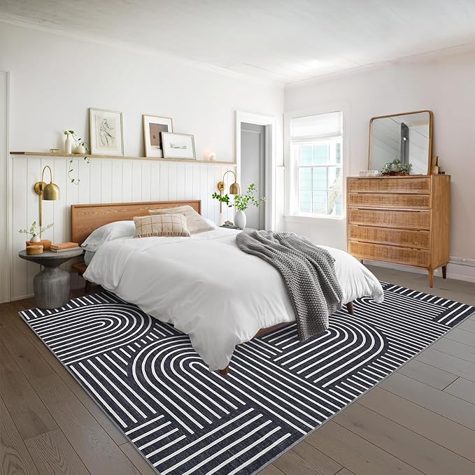 ROYHOME Washable Rug 4x6 Area Rugs for Living Room, Abstract Rug for Bedroom, Soft Rainbow Non Slip Throw Rugs with Rubber Back, Low Pile Stain Resistant Boho Geometric Carpet for Dining Room, Black