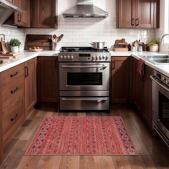 SERISSA 2x3 Rugs for Entryway, Washable Non-Slip Red Ochre Small Area Rug, Soft Low-Pile Boho Geometric Indoor Entry Rug Door Mat Indoor Entrance Front Door Carpet for Bathroom Kitchen Bedroom