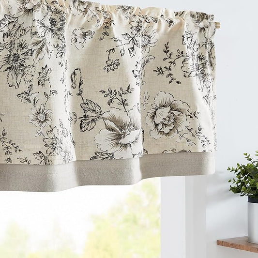 jinchan Polyester Blend Valance Curtain Farmhouse Window Decor Floral Print for Kitchen Living Room Double Layer Light Filtering Valance 16 Inches Window Treatment 1 Panel Rod Pocket Black on Beige
