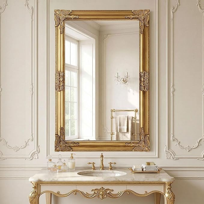 Vintage Gold Mirror for Wall, 30"x45" Antique Decorative Ornate Baroque Mirror for Living Room, Entryway, Bathroom, Fireplace