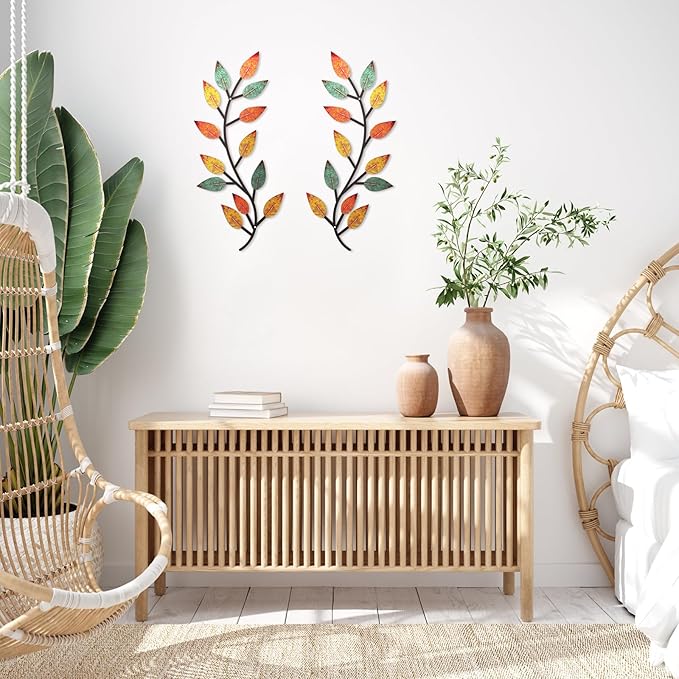 Zhengmy 2 Pieces Metal Tree Leaf Wall Decor Vine Olive Branch Leaf Wall Art Living Room, Hallway Wall Decor Outdoor Decoration(Lively Colors)