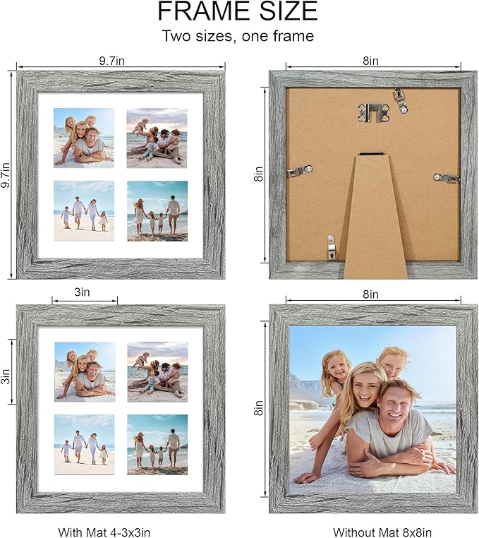 8x8 Picture Frame Set of 2, with Glass and Grey Wood Frames, Display Collage Four Opening 3x3 With Mat or 8 x 8 Without Mat for Wall Hanging or Tabletop