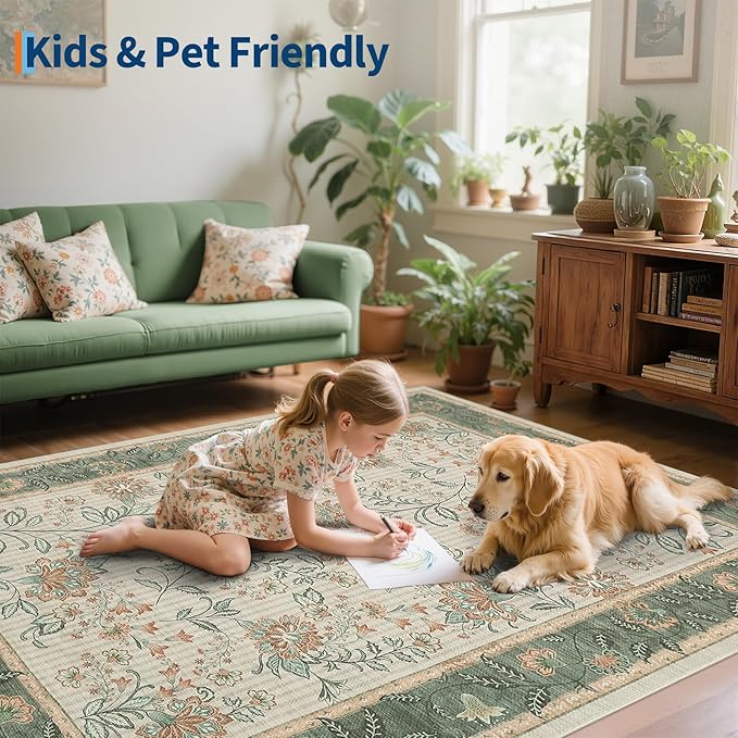 GarveeHome 4x6 Sage Green Washable Area Rug for Nursery Room, French Country Floral Bedroom Rug Non Slip Low Pile Carpet Stain Resistant Throw Rug for Bedside Kids Room Office Dining Room