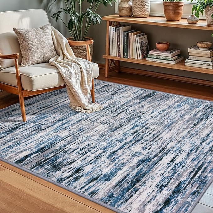 Lansny Modern Abstract Small Area Rug Indoor 3x5 Washable Rug Non-Slip Soft Entryway Rug Grey Blue White Kitchen Mats Thin Print Faux Wool Floor Carpet Throw Rugs for Entrance Bedroom Home Decor