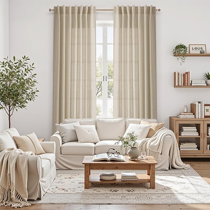 Eggshell Beige Linen 112 Inch Curtains for Living Room Light Filtering Semi Sheer Curtain Back Tab Rustic Farmhouse Decor Burlap Elegant Drapes Floor to Ceiling High Window for Bedroom 52x112,2 Panels