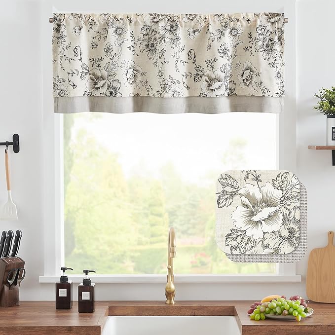 jinchan Linen Valance Curtain Farmhouse Window Decor Gray Floral Print for Kitchen Living Room Double Layer Light Filtering Valance 18 Inches Rustic Window Treatment 1 Panel Rod Pocket Black on Beige