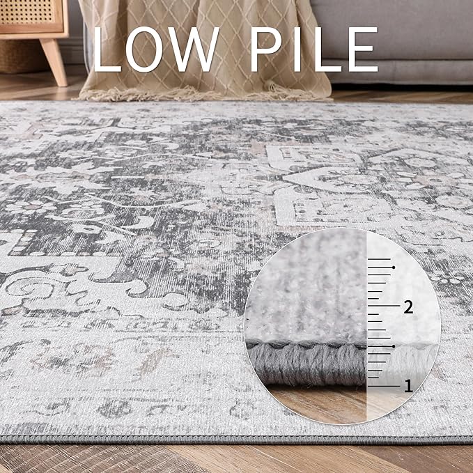 GENIMO Runner Rug for Hallways Machine Washable, 2x10 Non Slip Boho Vintage Lightweight Washable Runners, Thin Floor Rugs for Entryway Hallway Bathroom Laundry Room Corridor, Gray White