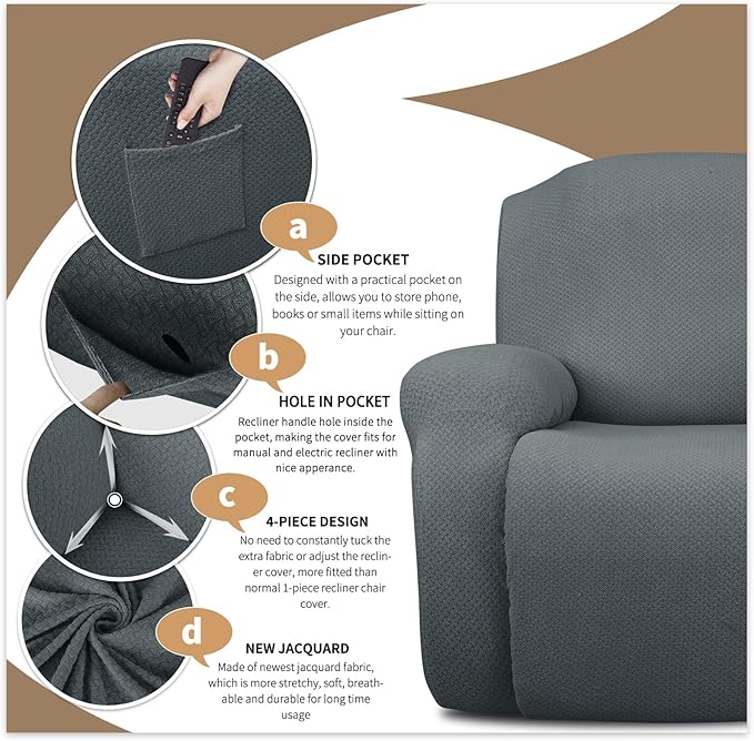 JIVINER 4-Piece Recliner Chair Covers Stretch Jacquard Covers for Reclining Chair Recliner Slipcovers for Living Room Soft Recliner Protector with Pocket (Recliner, Light Gray)