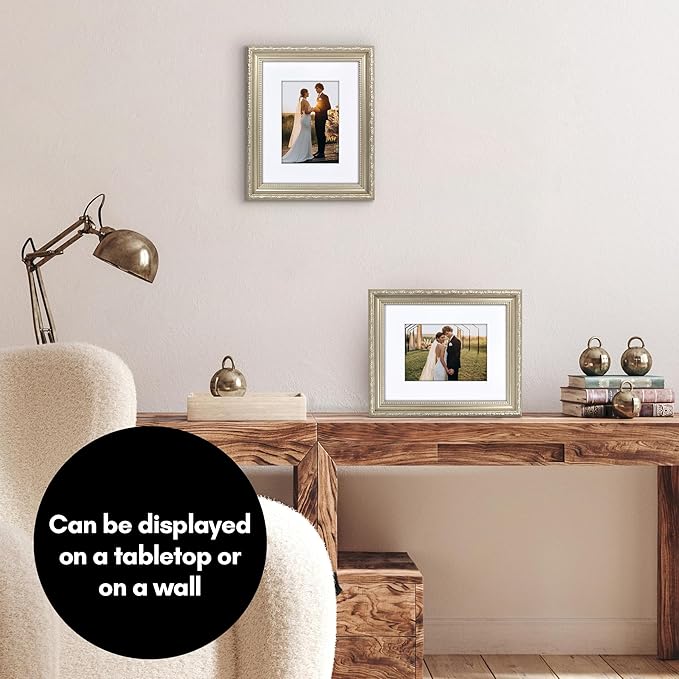 Americanflat 8x10 Picture Frame with Shatter-Resistant Glass - Use as 5x7 Frame with Mat or Display 8x10 Photo Without Mat - Ornate Picture Frames for Wall and Tabletop Display - Silver
