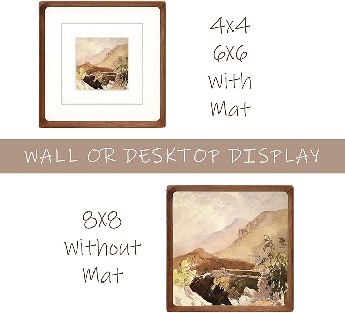 Square 8x8 Picture Frame with Mat for 4x4/6x6, Natural Walnut Wood Handcrafted Rounded Corner with Real Glass, Vertical or Horizontal Display Photo Gallery Wall & Tabletop Frame